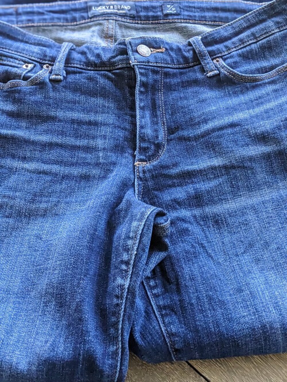 Lucky Brand LA Sweet Boot Dark Wash Distressed Bootcut Denim Blue Jeans, Size 12